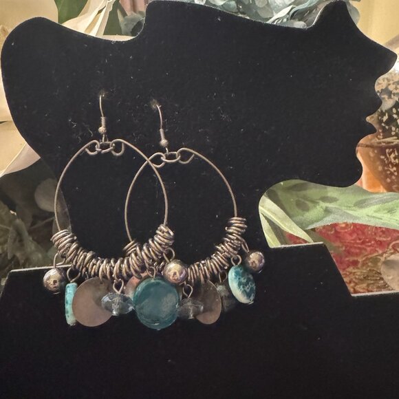 Hoop Earrings with Turquoise Beads - Picture 2 of 4